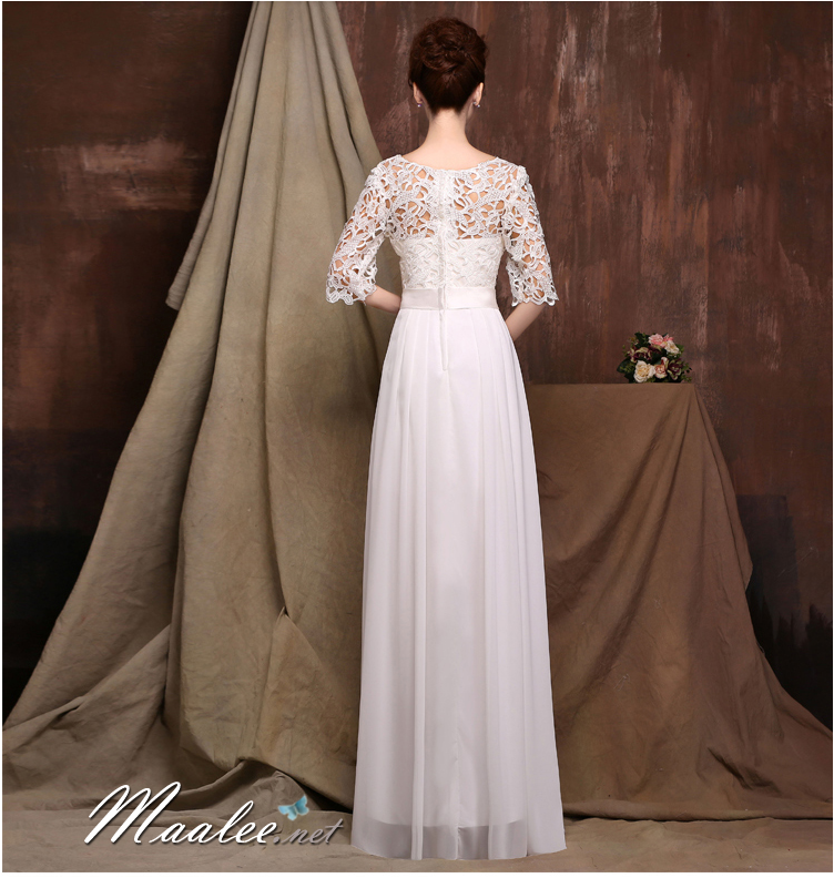 พร้อมส่ง ชุดราตรียาว สีขาว แขนสามส่วน ลูกไม้ฉลุ กระโปรงผ้าชีฟอง