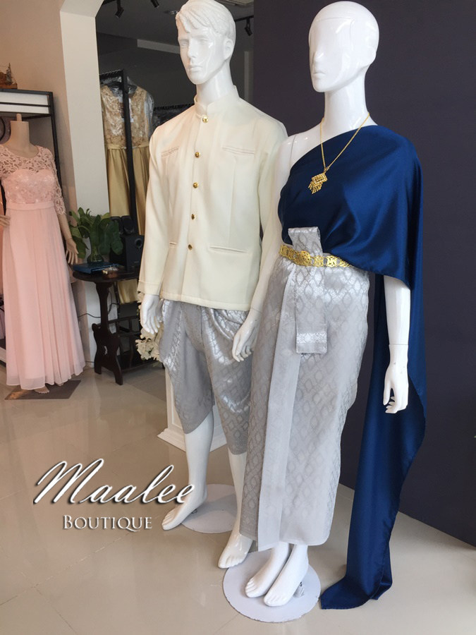 เช่า ชุดไทย ชุดเพื่อนเจ้าสาว ชุดไทยผ้าถุงสีเทาเงิน สไบเรียบ สีกรมท่า