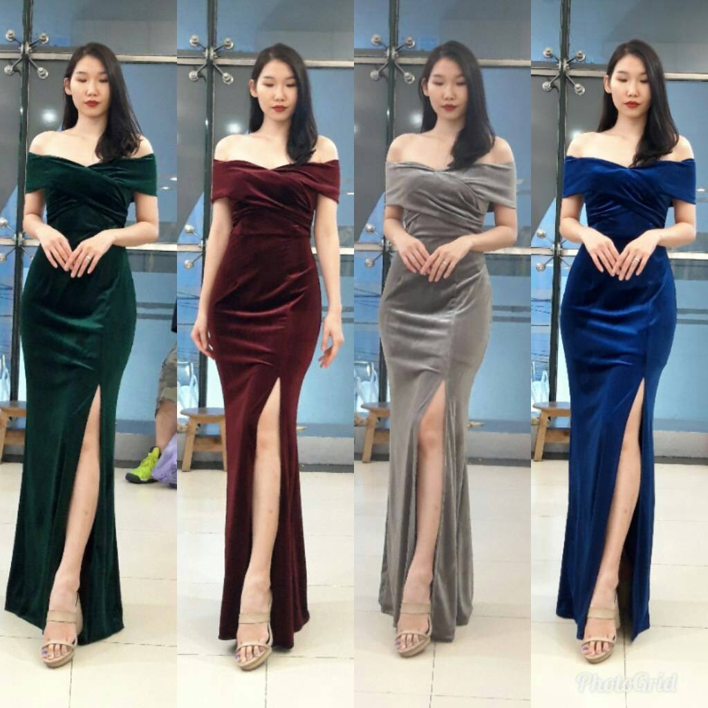 พร้อมเช่า ชุดเดรสยาว ราตรียาว เดรสไปล่ปาด ผ้ากำมะหยี่ แหวกหน้าขา สีน้ำเงิน