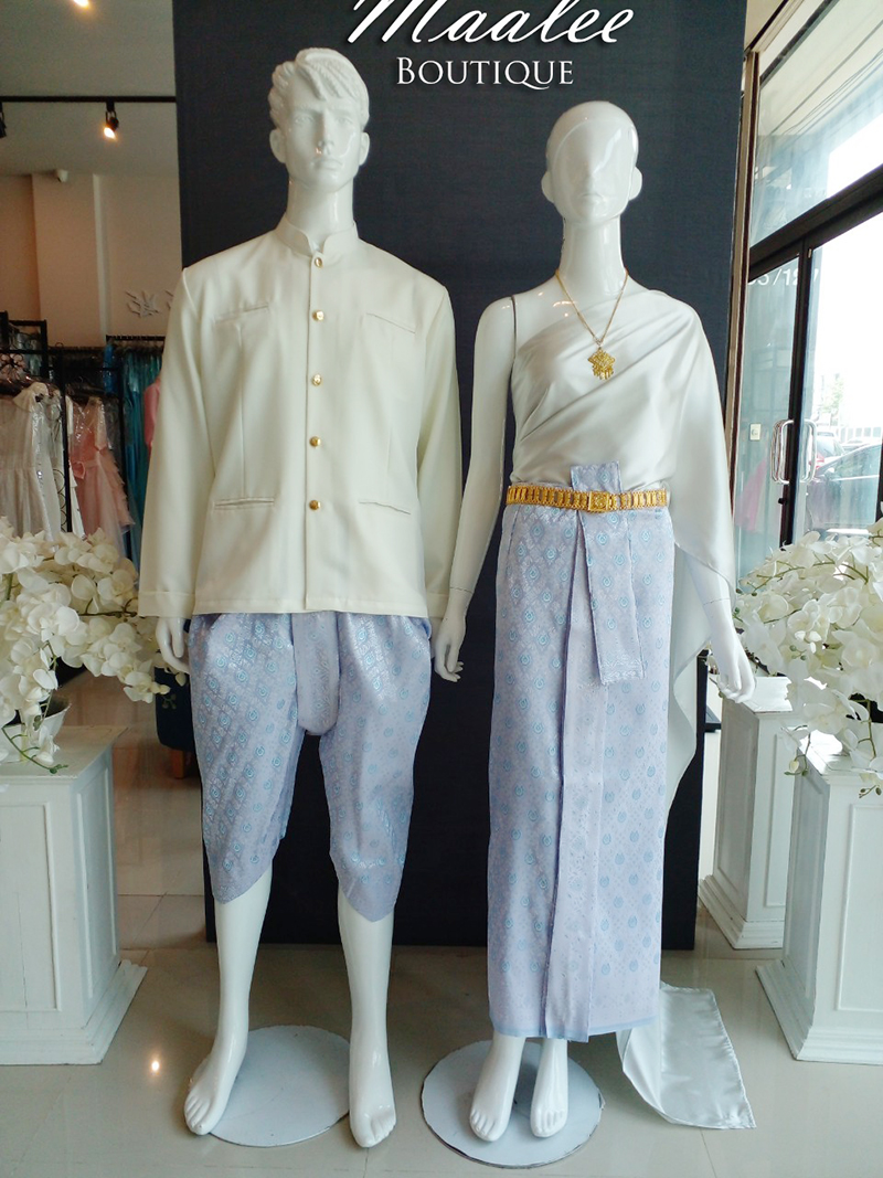 เช่า ชุดไทย ชุดเพื่อนเจ้าสาว ชุดไทยผ้าถุงสีชมพูฟ้าเงิน สไบเรียบสีเทาอ่อน