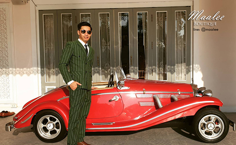 พร้อมเช่า ชุดสูทชาย สีเขียว ลายทางเก๋ๆ (พร้อมเสื้อกั๊ก)