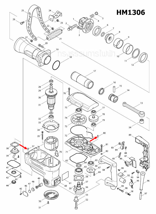 สลักเสื้อ 6 สกัด เจาะพื้น Makita HM1201, HM1302, HM1305, HM1306 Pn.256111-1 (แท้) ##