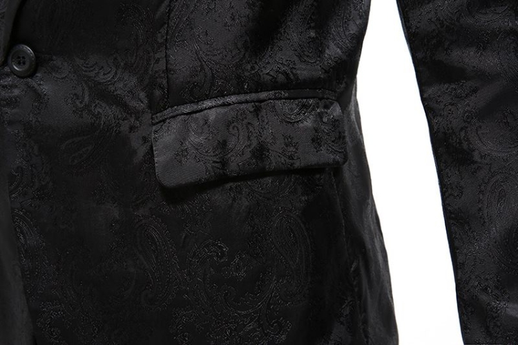 พร้อมเช่า ชุดสูทชาย สีดำ พิมพ์ลาย เนื้อผ้าแพรแบบหรูมาก