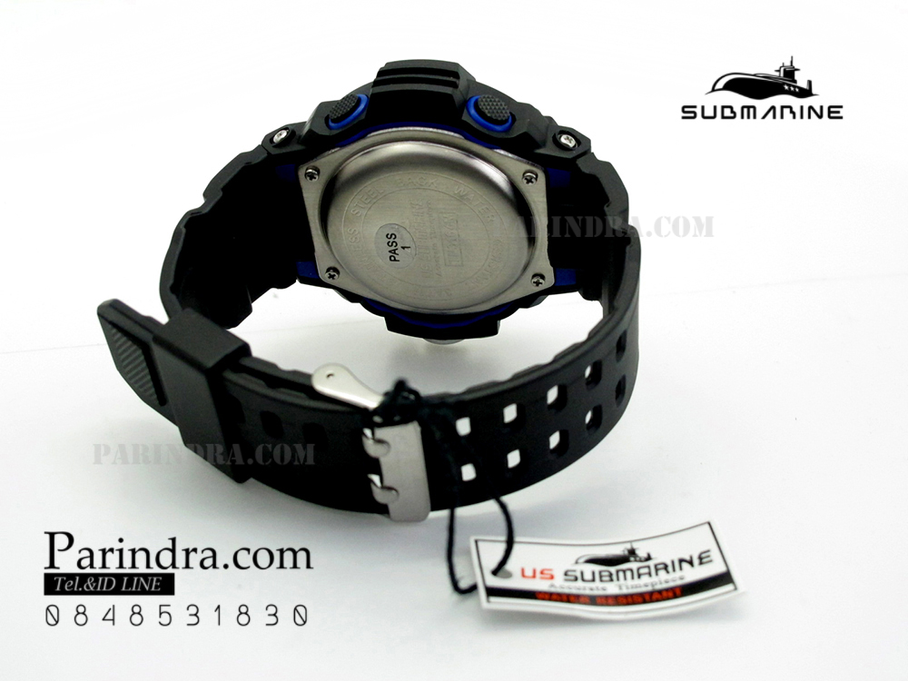 นาฬิกา US submarine รุ่น TP3164M สีดำตัดน้ำเงิน พื้นหลังดำ