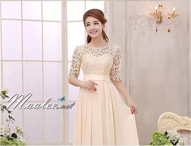 พร้อมเช่า ชุดราตรีสั้น สีครีม แขนสามส่วน ลูกไม้ฉลุ กระโปรงผ้าชีฟอง