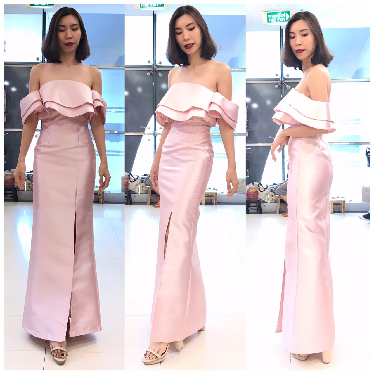 พร้อมเช่า ชุดราตรียาว ไหล่ปาด เนื้อไหม แขนระบาย ผ่าหน้าขา สีชมพู