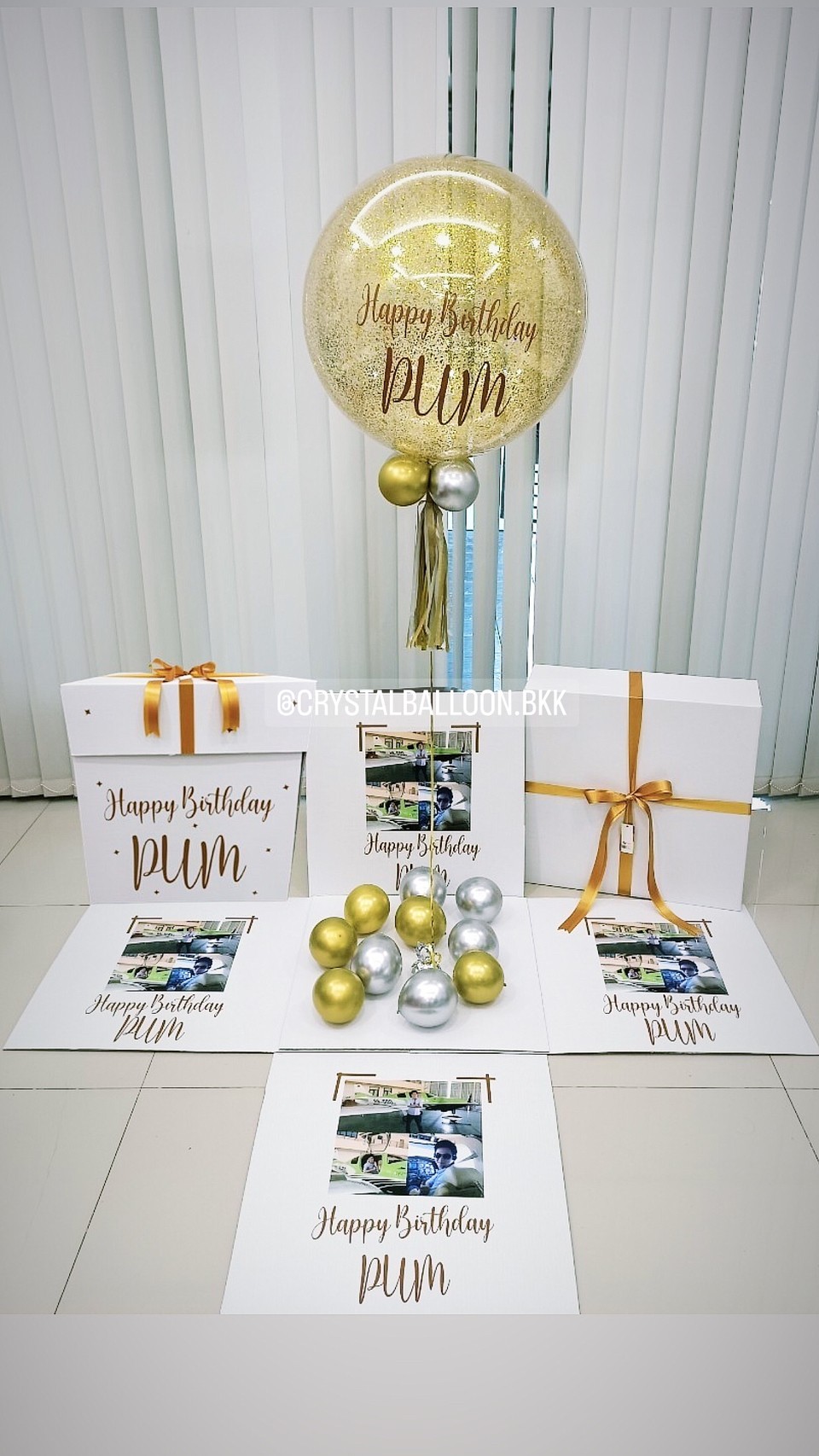 Happy Birthday Surprise Box กล่องเซอร์ไพรส์วันเกิด Bubble ขนาด 24" สีทอง พร้อมตกแต่ง สามารถใส่รูปได้ 4 ใบ สามารถเปลี่ยนสีลูกโป่ง/เปลี่ยนข้อความได้
