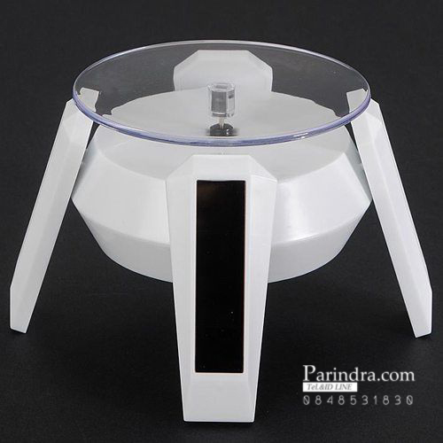 แท่นโชว์สินค้าแบบหมุน จานหมุน แท่นหมุน ถาดหมุน พลังงานแสงอาทิตย์ และใส่แบตเตอรี่ได้ ดีไซน์คล้ายขายานอวกาศ สีขาว