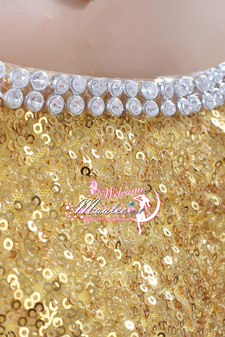 พร้อมเช่า ชุดราตรียาว ไหล่เฉียง สี Champagne ปักเลื่อมทั้งตัว แต่งคริสตัลช่วงคอ