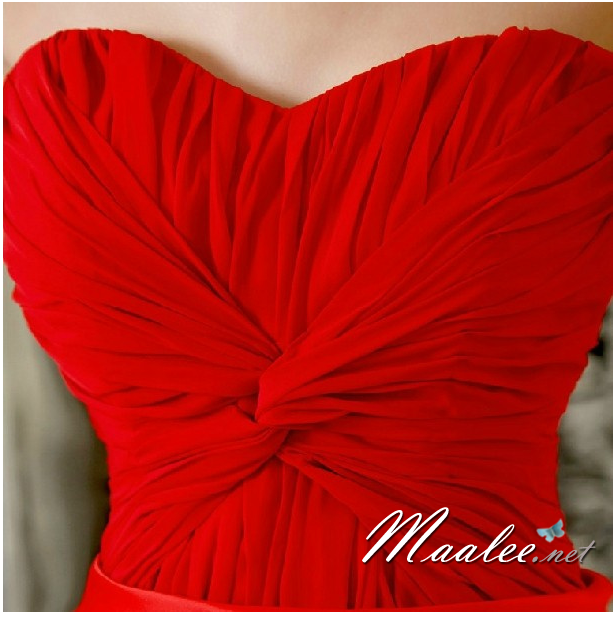 พร้อมเช่า ชุดราตรีสั้น เกาะอก หน้าสั้นหลังยาว คอจับเดรปรูปหัวใจ สีแดง