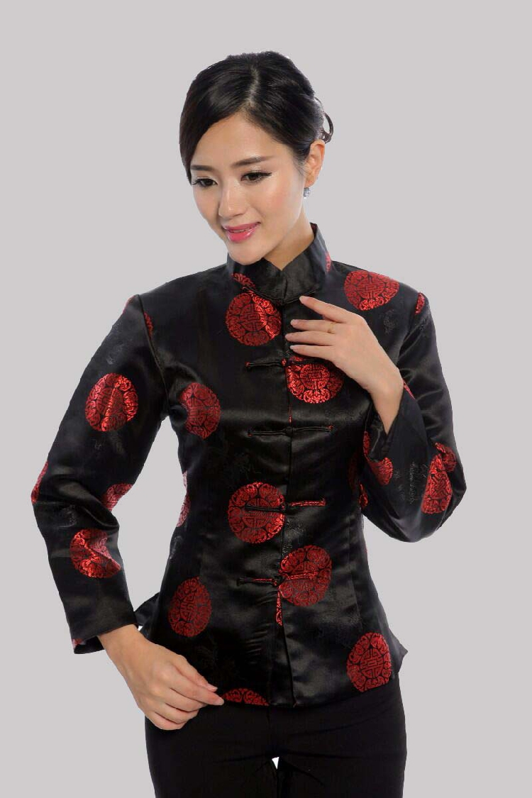 Pre-order เสื้อคอจีน ผู้หญิง ผ้าไหมจีน ทอลาย แขนยาว สีดำ