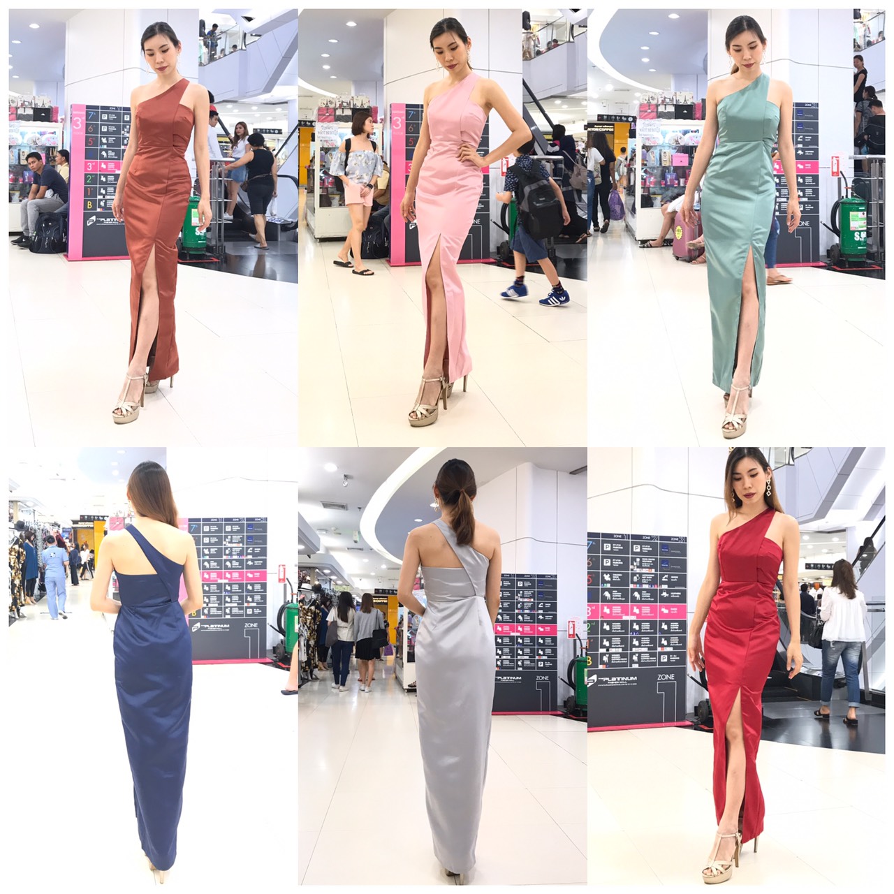 พร้อมเช่า ชุดเดรสเข้ารูป ผ่าหน้าขา ผ้า silk polyester คัตติ้งเฉียบ สีเทา