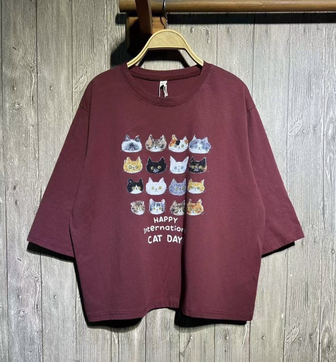 เสื้อยืดสกรีนลายแมวแขนสามส่วน 9am