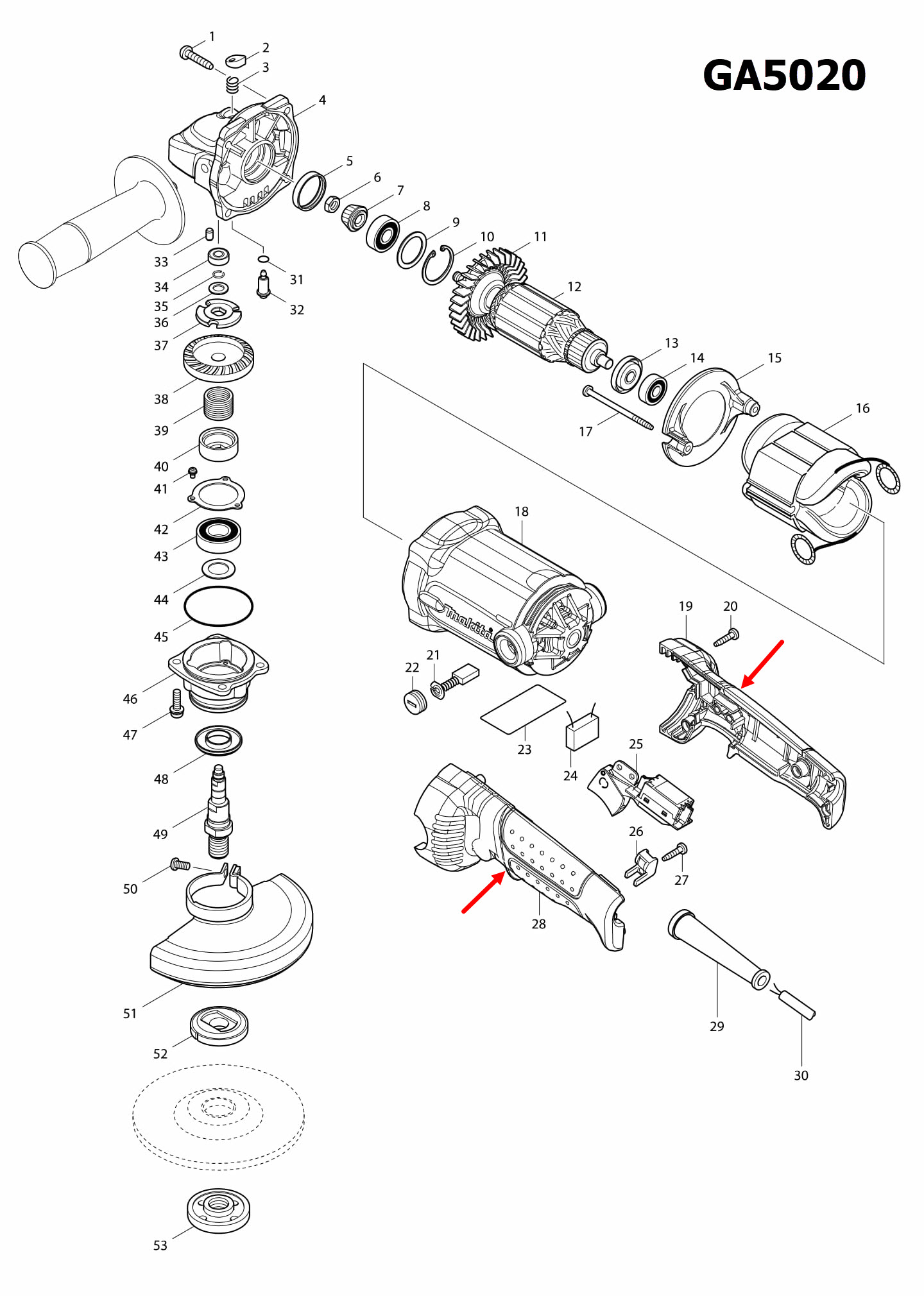 HANDLE SET หินเจียร 5 นิ้ว มากีต้า Makita GA5010, GA5020 [#19,#28] Pn.188291-0 (แท้) ##