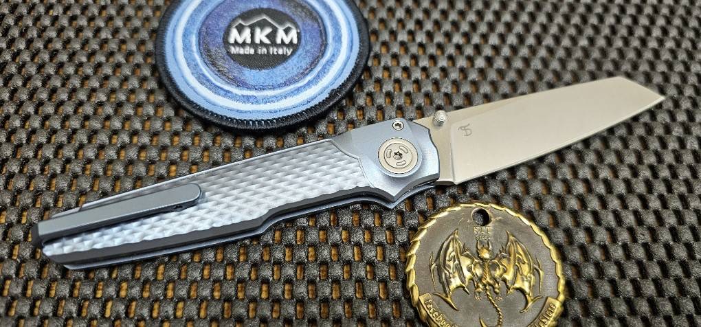MKM Miura Button Lock Knife Blue Ti (2.72" Satin M390) MK MI-TBL
