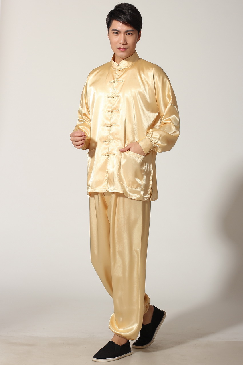 Pre-order ชุดจีนชาย แขนยาวผ้าแพร สีทอง