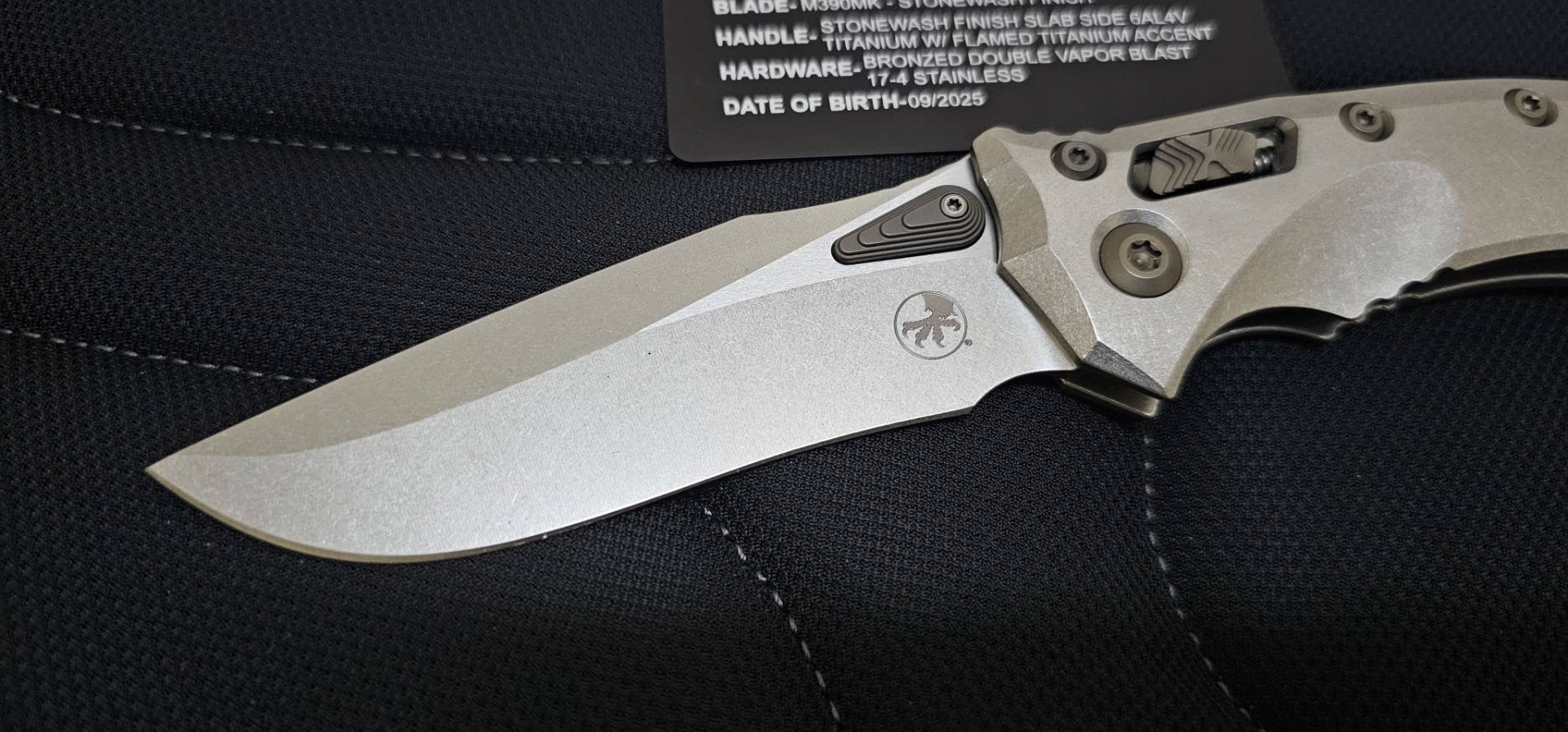 Microtech Marfione Select Amphibian RAM-LOK Manual Folding Knife 3.875" Bohler M390MK Stonewashed Clip Point Plain Blade and Slab Titanium Handles, Flamed Titanium Accents, AXIS/Crossbar Lock