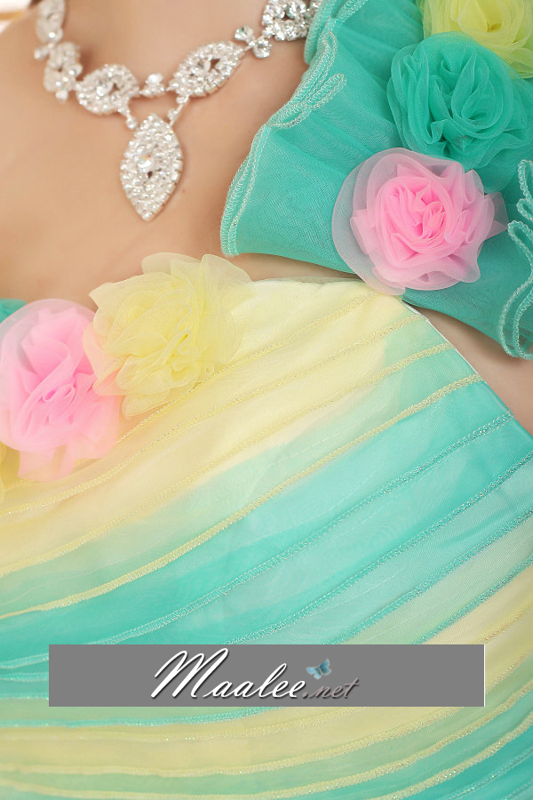 พร้อมส่ง ชุดแฟนซี ชุดราตรีสั้น ลายทาง สีลูกกวาด แต่งดอกไม้ เขียวเหลือง