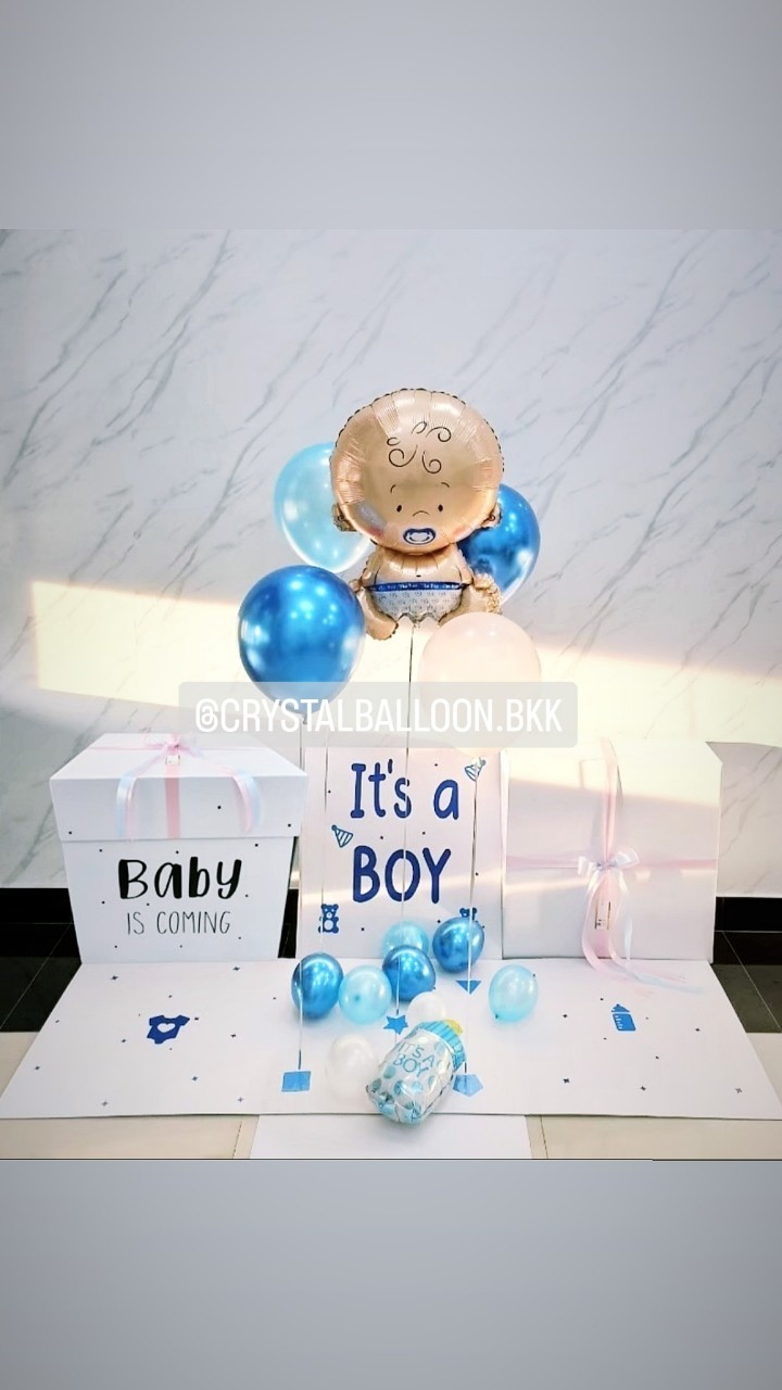 Surprised Box กล่องทายเพศ พร้อมตกแต่ง ลูกโป่ง 4 ลูก ฟอยล์เด็กทารก 1 ชิ้น,สามารถใส่รูปได้ 2 รูป สามารถเปลี่ยนสีลูกโป่ง/เปลี่ยนสี-ฟอยล์ตกแต่ง/เปลี่ยนข้อความได้