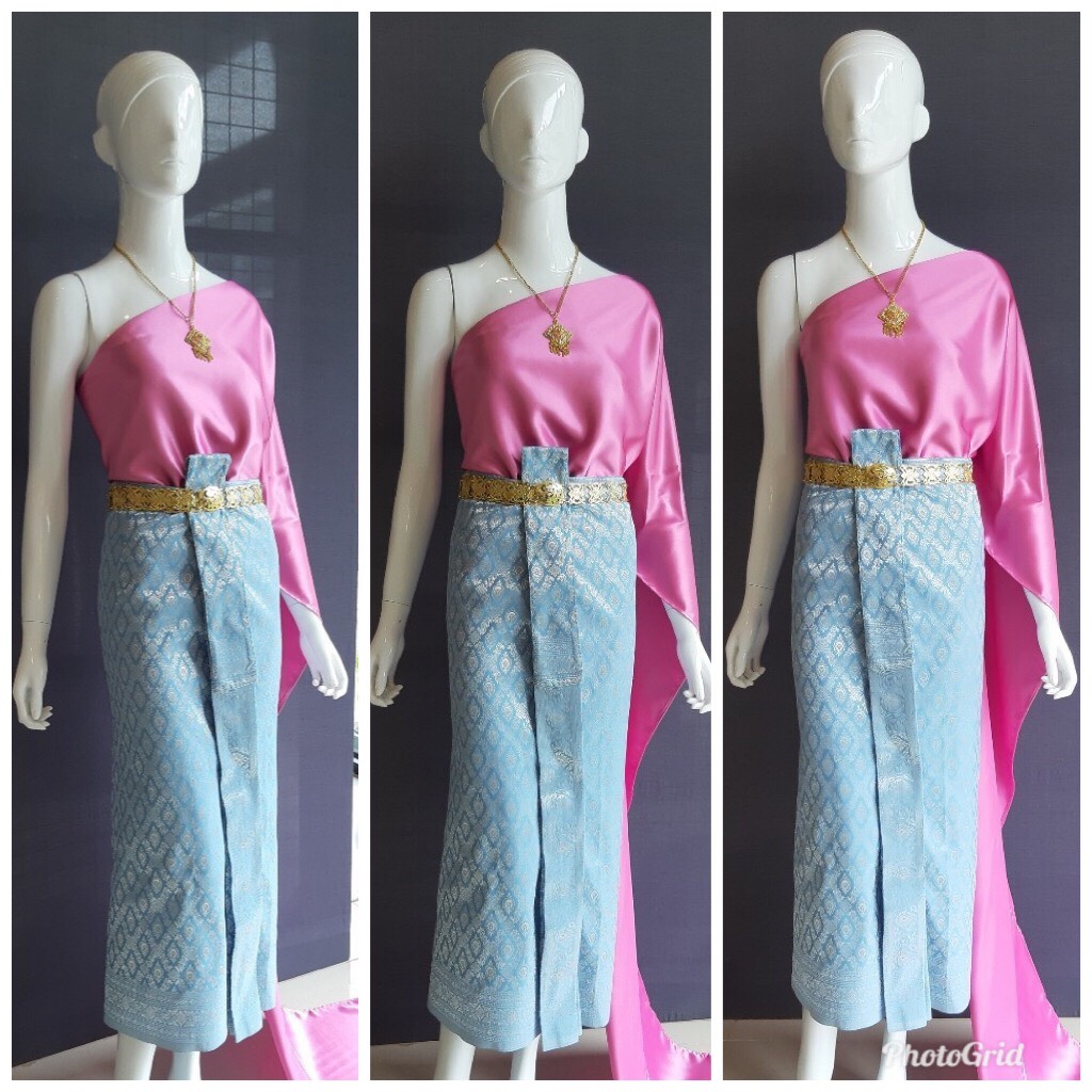 เช่า ชุดไทย ชุดเพื่อนเจ้าสาว ชุดไทยผ้าถุงสีฟ้าเทาเงิน สไบเรียบสีกลีบบัว