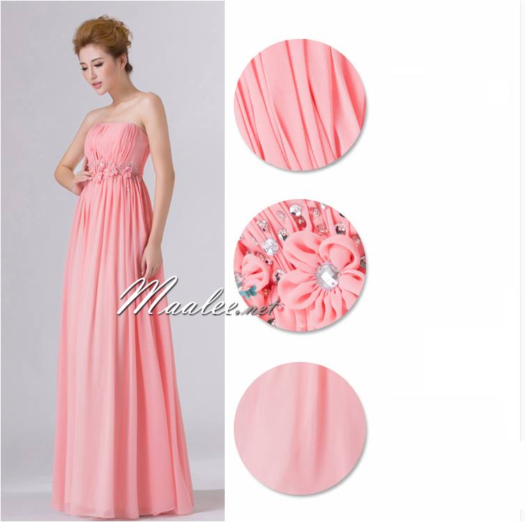 พร้อมส่ง ชุดราตรียาว เกาะอก สีโอรส แต่งดอกเก๋ๆ