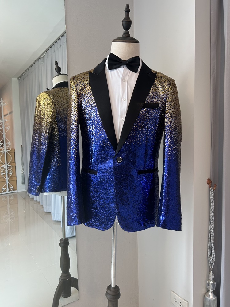 พร้อมเช่า เสื้อสูทชาย สูทแฟชั่น สูทกลิตเตอร์ ไล่สี สีทองน้ำเงิน (L)