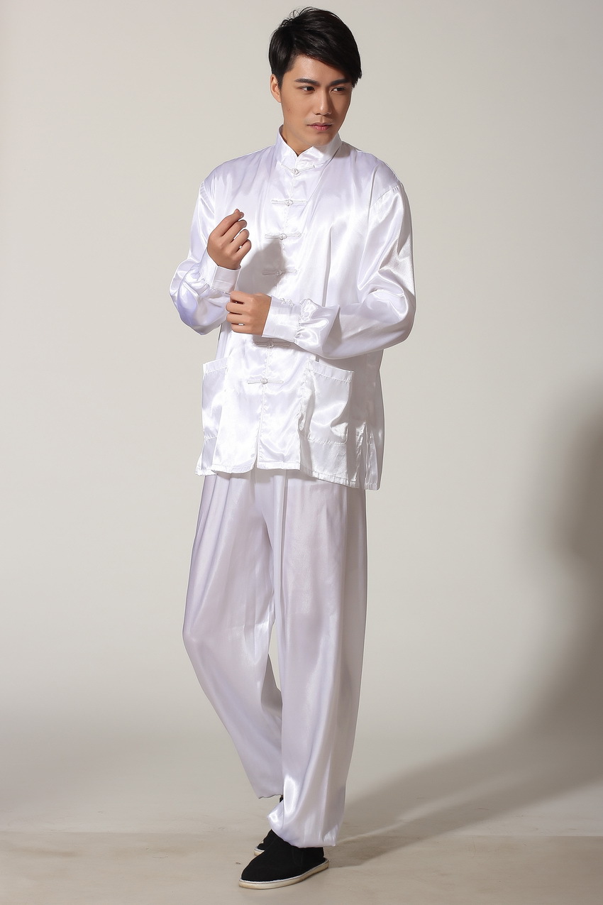 Preorder ชุดจีนชาย แขนยาวผ้าแพร สีขาว ขาจั๊ม