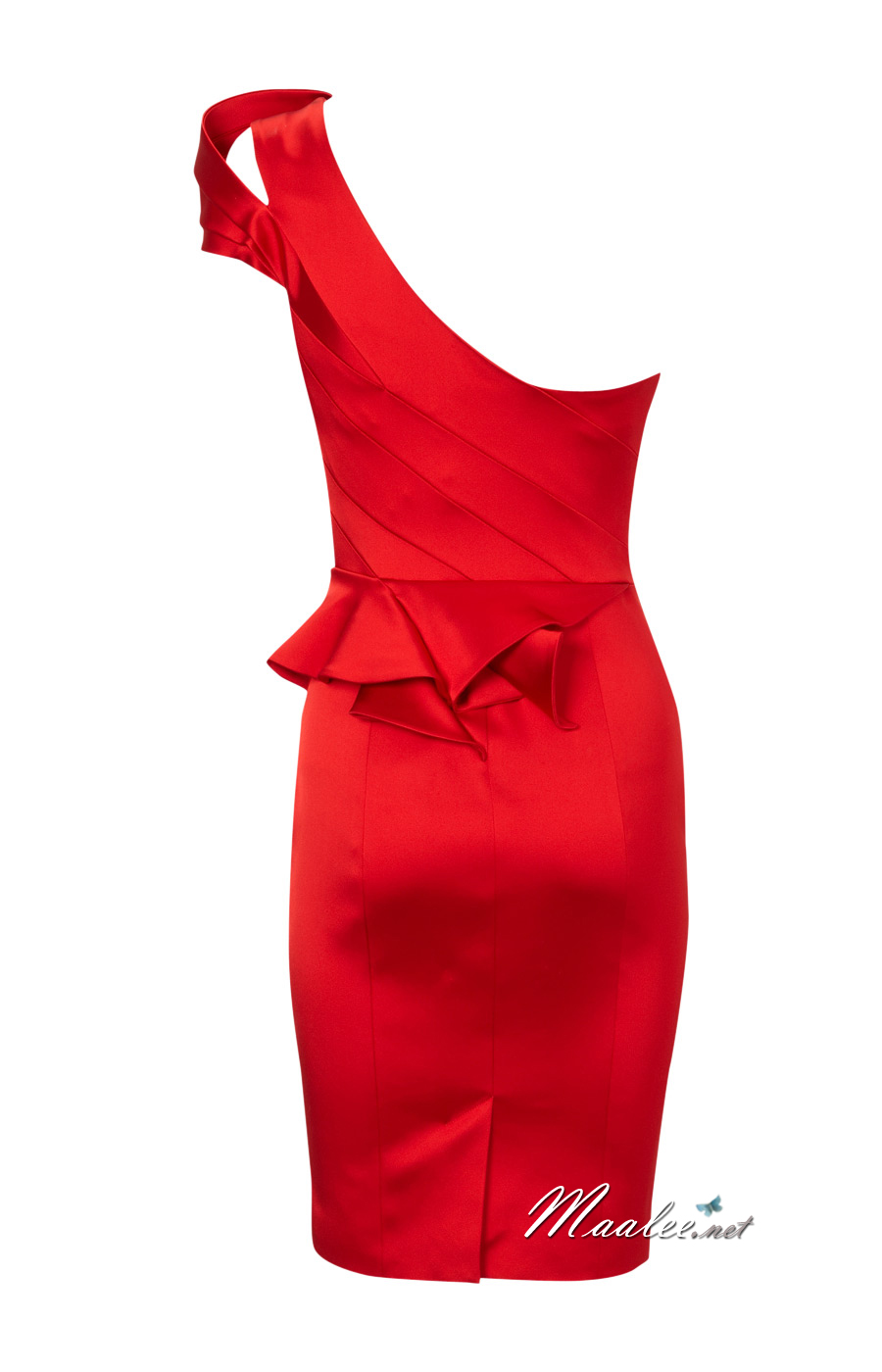 พร้อมส่ง ชุดราตรีสั้น ไหล่เฉียง สีแดง แพทเทินหรู จัดเดรปช่วงเอว (เหลือเฉพาะไซส์ M, L)