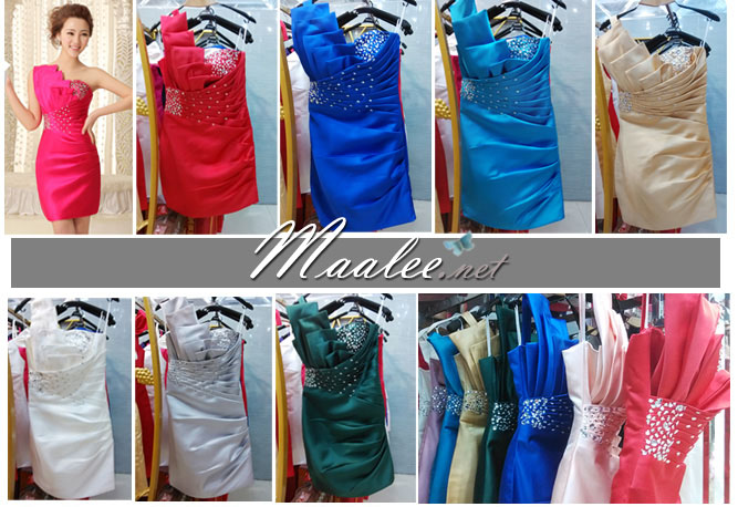 พร้อมเช่า ชุดราตรีสั้น เกาะอก ไหล่เดียว สีครีม Champagne ผ้าซาตินเข้ารูป ปักเลื่อมสวยหรู