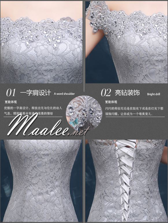 พร้อมเช่า ชุดราตรียาว แบบปาดไหล่ เข้ารูป ทรงหางปลา สีเทา ผ้าลูกไม้ แต่งเลื่อมสุดหรู (เชือกผูกหลัง)