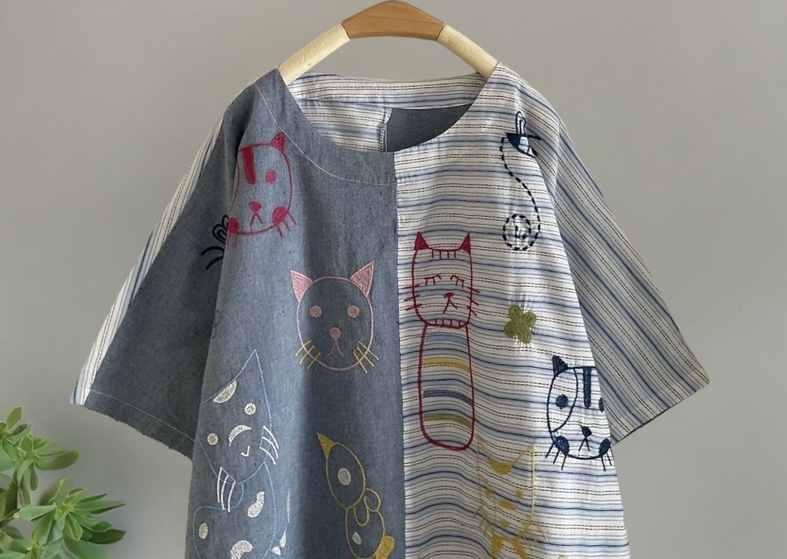 เสื้อผ้าฝ้ายต่อลายปักลายแมว