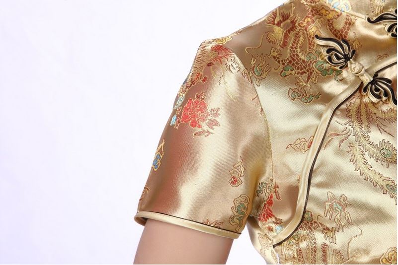 พร้อมส่ง กี่เพ้า สีทอง ลายมังกรนกฟินิกซ์ ผ้าไหมจีน กุ๊นขอบ ตัดเย็บอย่างดี