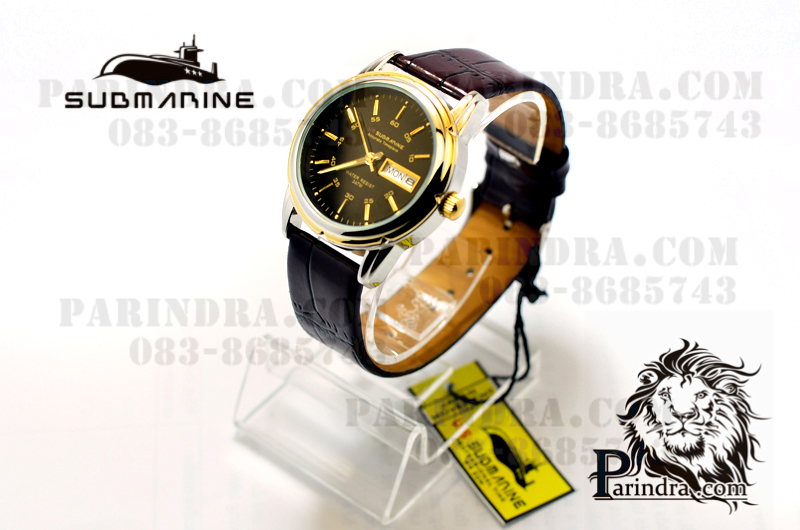 นาฬิกา US submarine สายหนัง หน้าปัดสีดำขอบทอง