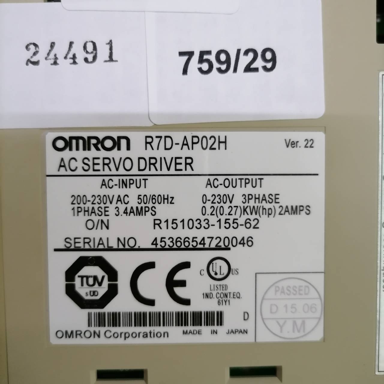 R7D-AP02H SERVO DRIVE " OMRON "