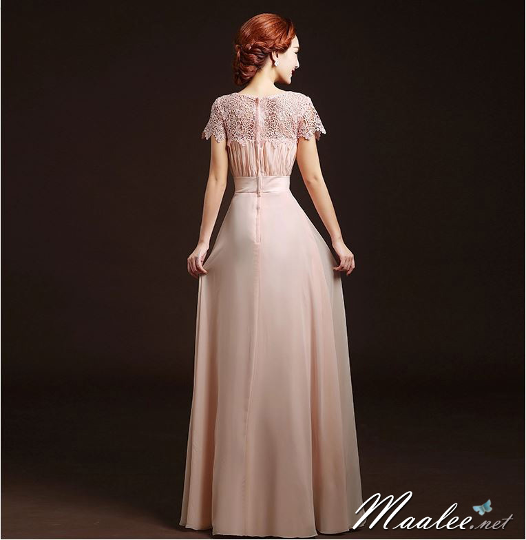 พร้อมเช่า ชุดราตรียาว ลูกไม้ กระโปรงผ้าชีฟอง อกจับจีบ เรียบหรู สีชมพู