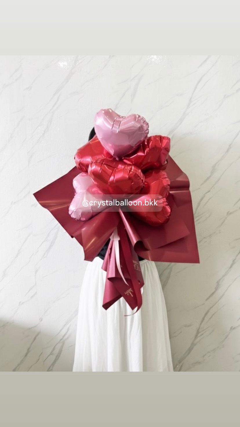Flower Balloon ช่อลูกโป่งฟอยล์หัวใจ 10" 6ชิ้น ,พร้อมตกแต่ง สามารถเปลี่ยนข้อความ/เปลี่ยนสีฟอยล์หัวใจได้ / เปลี่ยนสีกระดาษห่อได้