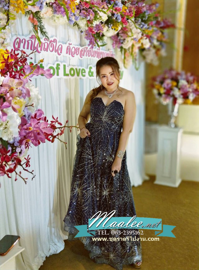 พร้อมเช่า ชุดแฟนซี ชุดราตรี เกาะอก สีNAVY BLUE กลิตเตอร์ทั้งตัว ลายอวกาศ