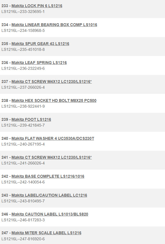 LS1216L, LS1016L แท่นตัดองศา Makita Spare Parts