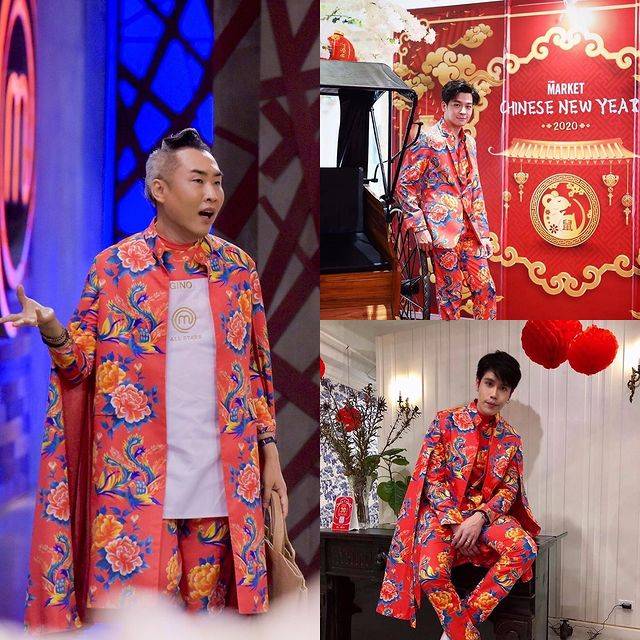สูทตัดซื้อ สูทจีนชาย สีแดงลาย พร้อมผ้าคลุม