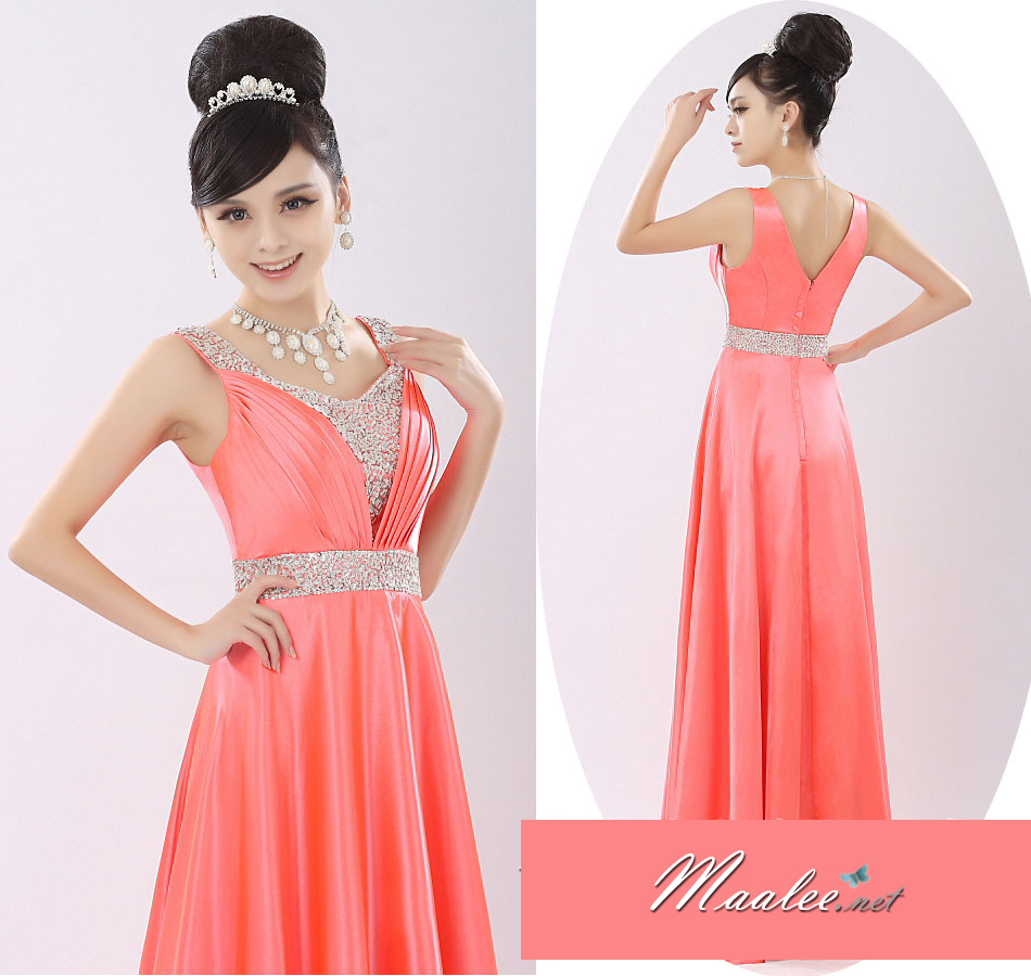 พร้อมเช่า ชุดราตรียาว สีโอรส คอวี จับเดรปหน้าอก ปักเลือมช่วงอกและเอว