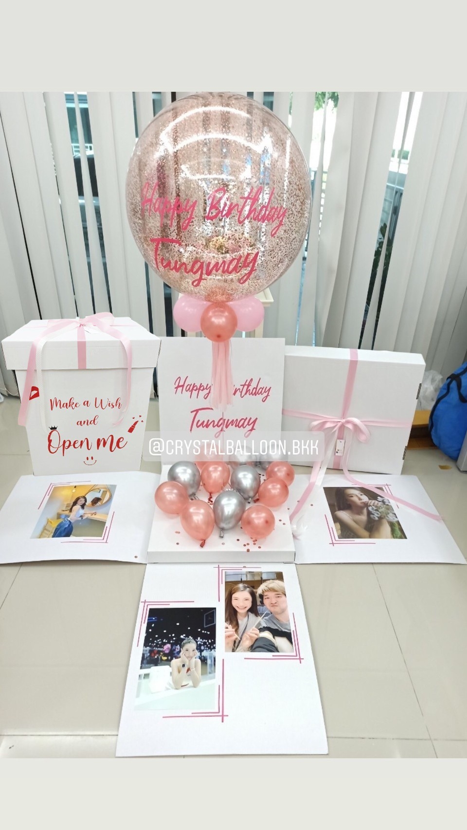 Surprise Box กล่องเซอร์ไพรส์วันเกิด Bubble ขนาด 24" โทนสี ชมพู พร้อมตกแต่ง ช่อลูกโป่ง 1 ช่อ,สามารถใส่รูปได้ 4 ใบ สามารถเปลี่ยนสีลูกโป่ง/ข้อความได้