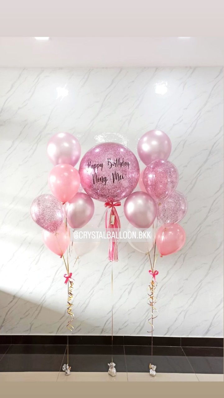 ลูกโป่ง วันเกิด Bubble ขนาด 24" พร้อมตกแต่ง ช่อลูกโป่ง 7 ลูก 2 ช่อ,ลูกโป่งใส ใส่กลิตเตอร์ สามารถเปลี่ยนสีลูกโป่ง/เปลี่ยนข้อความ/เปลี่ยนขนาดได้