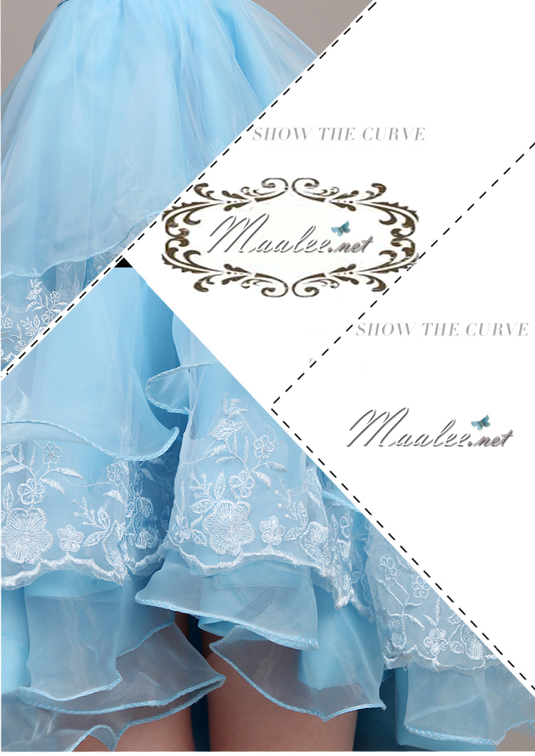 พร้อมเช่า ชุดราตรีสั้น เกาะอก แต่งลูกไม้กระโปรง3ชั้น ผ้าแก้ว ผ้าคาดเอวซาติน หน้าสั้นหลั้งยาว สีฟ้า