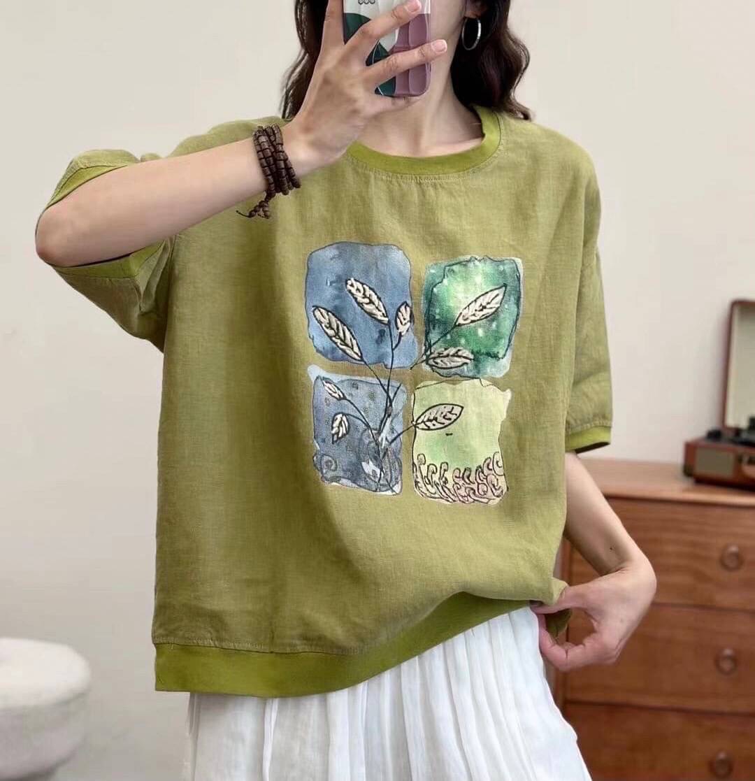 เสื้อผ้าลินินสกรีนลายใบไม้