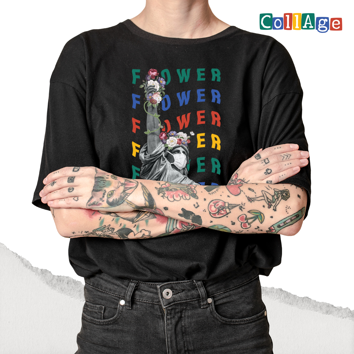 เสื้อยืดพิมพ์ลาย Collage Flower รหัส CEA00466 สีดำ #เสื้อยืด #Collage