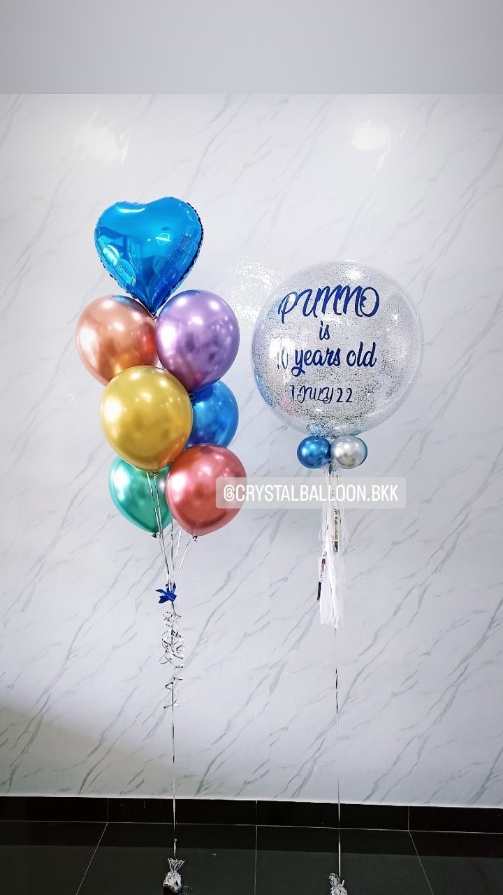 ลูกโป่ง วันเกิดเด็ก Bubble ขนาด 24" สีเงิน พร้อม ช่อลูกโป่งฟอยล์หัวใจ ขนาด 18" 1 ช่อ พร้อมตกแต่ง สามารถเปลี่ยนสีลูกโป่ง/เปลี่ยนข้อความ/เปลี่ยนขนาดได้