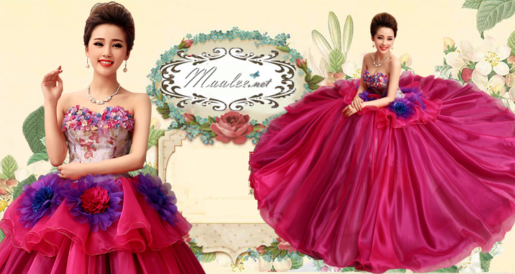 พร้อมเช่า ชุดแฟนซี ชุดราตรียาว แบบเกาะอก กระโปรงพองสวยสีม่วง แต่งดอก (เชือกผูกหลัง)