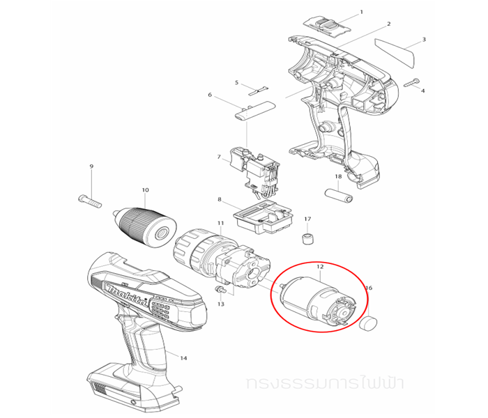 มอเตอร์ สว่านกระแทกไร้สาย Makita HP457, HP457D, DF457, DF457D Pn.629937-8 (แท้) ##(*)
