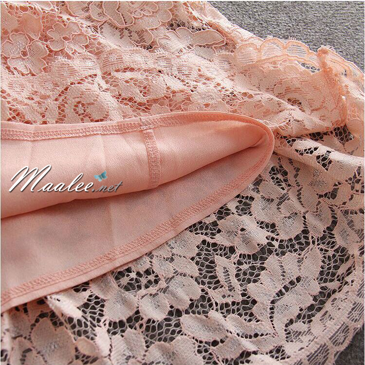 พร้อมส่ง ชุดราตรีสั้น/แขนยาว คอวี เนื้อผ้าลูกไม้ & Cotton แต่งซิปข้าง สีแดง (เหลือเฉพาะไซส์ 3XL)