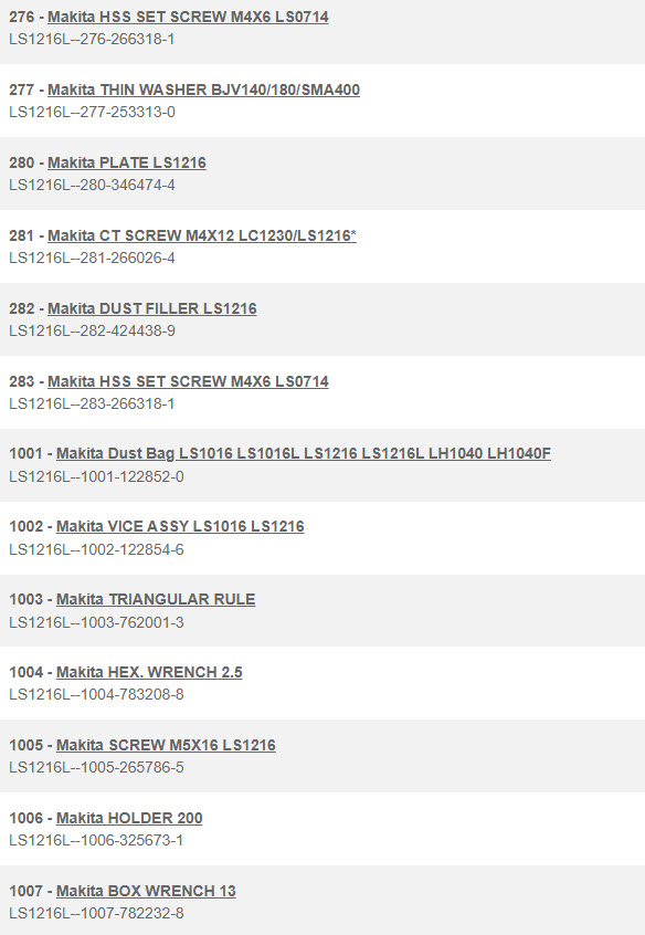 LS1216L, LS1016L แท่นตัดองศา Makita Spare Parts